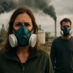 Osoby s ochrannými maskami pred znečistením a priemyslom