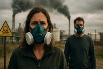 Osoby s ochrannými maskami pred znečistením a priemyslom