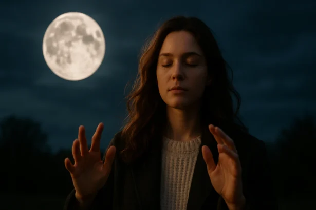 Žena meditujúca pod splnom mesiaca v nočnej oblohe.