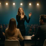 Speváčka vystupujúca na talentovej súťaži pred porotou a publikom.