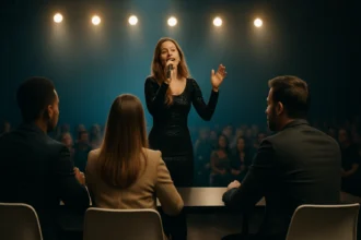 Speváčka vystupujúca na talentovej súťaži pred porotou a publikom.