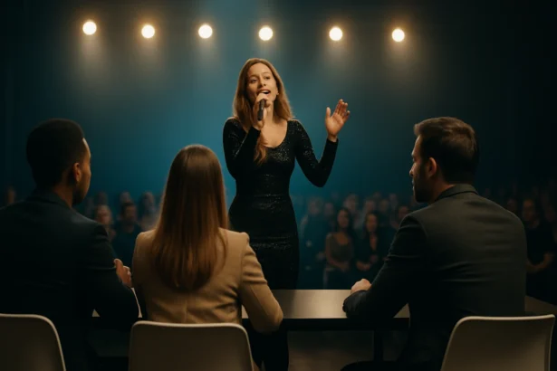 Speváčka vystupujúca na talentovej súťaži pred porotou a publikom.