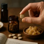 Ruka drží Tömjén tabletkovú zázračnú medicínu vedľa bylinkárskej literatúry.