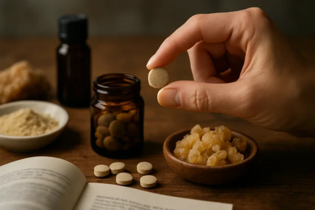 Ruka drží Tömjén tabletkovú zázračnú medicínu vedľa bylinkárskej literatúry.