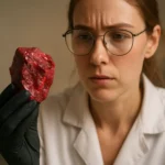 Žena skúma červený kameň cinnabarit s vážnym výrazom.