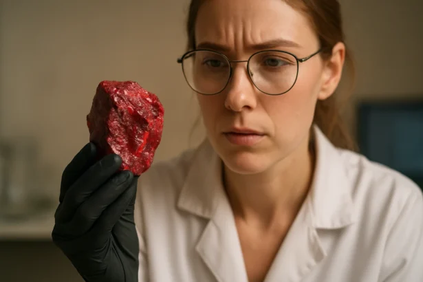 Žena skúma červený kameň cinnabarit s vážnym výrazom.