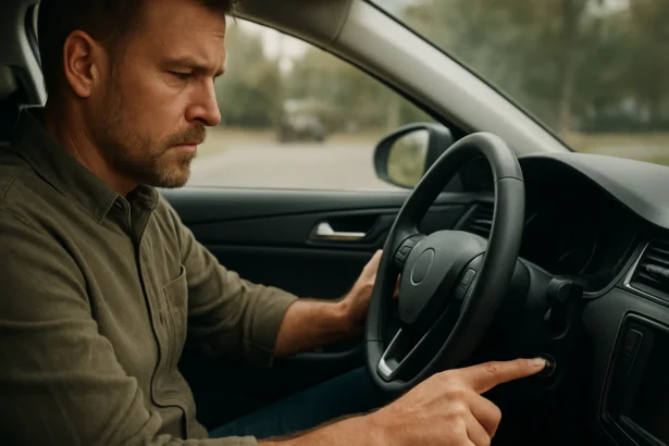 Muž ovládajúci vákuové centrálne zamykanie v aute