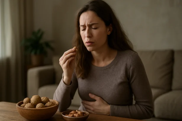 Žena pomáha sebe s trávením pomocou vlašských orechov