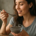 Žena s chia semienkami v miske a lyžici, usmievajúca sa.
