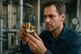 Technik kontroluje solenoidový ventil na prietok kvapalín a plynov.