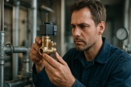 Technik kontroluje solenoidový ventil na prietok kvapalín a plynov.