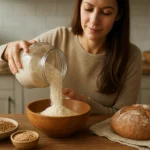 Žena s špaldovou múkou a chlebom v kuchyni.