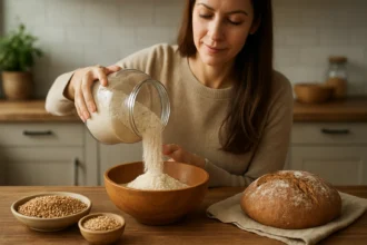 Žena s špaldovou múkou a chlebom v kuchyni.
