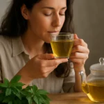 Žena vychutnáva si čaj Jiaogulan, prírodný nápoj pre zdravie