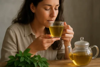 Žena vychutnáva si čaj Jiaogulan, prírodný nápoj pre zdravie