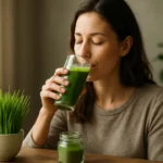 Žena vychutnáva si nápoj z jačmennej trávy pre zdravie a vitalitu.