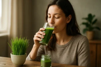 Žena vychutnáva si nápoj z jačmennej trávy pre zdravie a vitalitu.