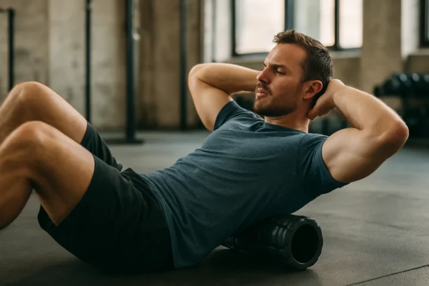 Muž cvičí s SMR valcom na regeneráciu svalov v posilňovni.