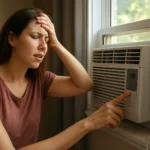 Žena sa snaží upraviť oknovú klimatizáciu počas letných horúčav.