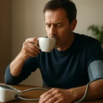 Muž pijúci kávu a merajúci krvný tlak doma.