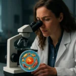 Vedkyňa skúma bunka pod mikroskopom, odhaľuje tajomstvá života