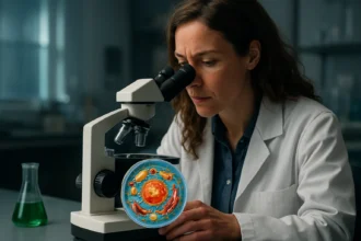 Vedkyňa skúma bunka pod mikroskopom, odhaľuje tajomstvá života