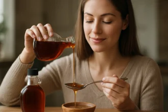 Žena naleje javorový sirup do misky so získavaním teplého nápoja.