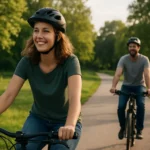 Šťastný pár bicykluje v prírode s helmicami na hlavách.