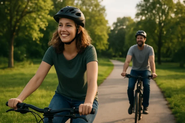 Šťastný pár bicykluje v prírode s helmicami na hlavách.