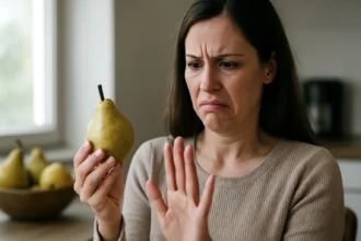 Žena s výrazom znechutenia pozerá na hrušku, potenciálne nebezpečenstvo.