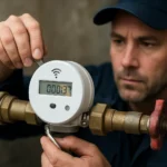 Technik kontroluje rádiový vodomer na vodovodnom potrubí.