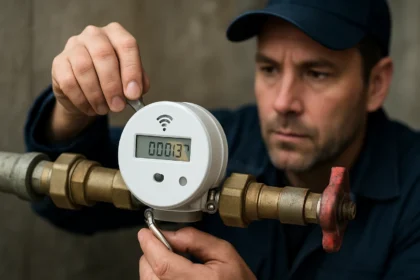Technik kontroluje rádiový vodomer na vodovodnom potrubí.