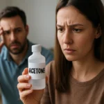 Žena drží fľašu s acetónom, zatiaľ čo sa obáva rizík používania.