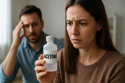 Žena drží fľašu s acetónom, zatiaľ čo sa obáva rizík používania.