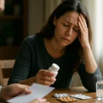 Žena so zlomeným výrazom v tvári, skúmala lieky na stole.