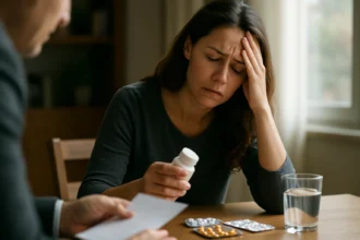 Žena so zlomeným výrazom v tvári, skúmala lieky na stole.