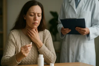 Žena s problémami so štítnou žľazou sa konzultuje s lekárom