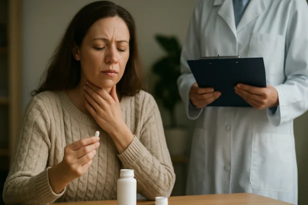 Žena s problémami so štítnou žľazou sa konzultuje s lekárom
