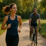 Mladá žena behajúca v parku s mužom na bicykli v pozadí.