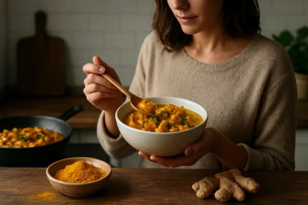 Žena s miskou kari, zdravé recepty s kari.