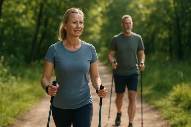 Pár ľudí kráča na čerstvom vzduchu počas severskej chôdze v prírode.