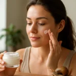 Žena nanášajúca slimákový krém na pleť s úsmevom.