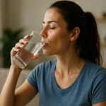Žena pije vodu z pohára, zlepšuje si zdravie.
