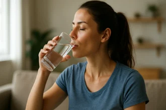 Žena pije vodu z pohára, zlepšuje si zdravie.
