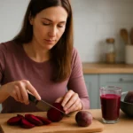 Žena krájajúca červenú repu na doske s nápojom z červenej repy vedľa.