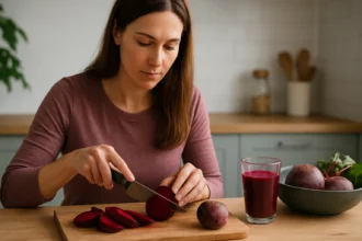 Žena krájajúca červenú repu na doske s nápojom z červenej repy vedľa.