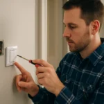 Muž inštalujúci prepínač smeru pomocou skrutkovača.