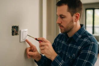 Muž inštalujúci prepínač smeru pomocou skrutkovača.