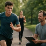 Mladý muž behajúci v parku s trénerom, zlepšovanie výkonnosti.