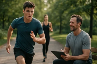 Mladý muž behajúci v parku s trénerom, zlepšovanie výkonnosti.